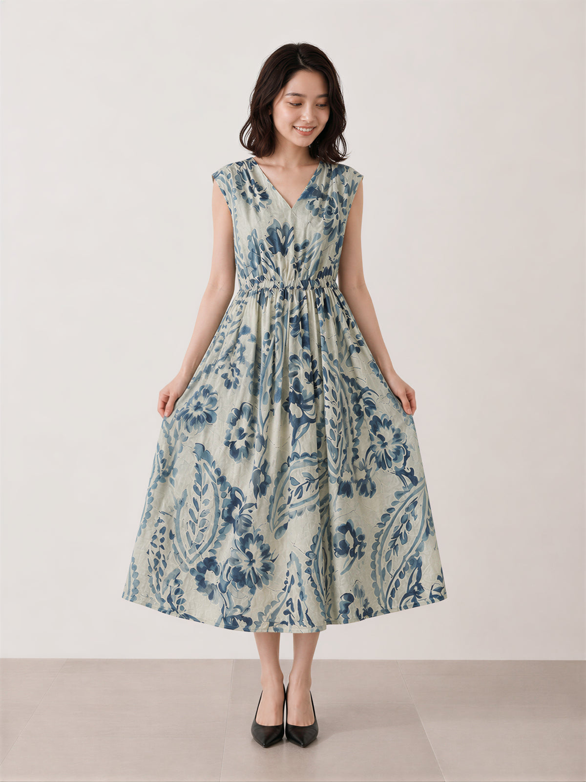 M~2XL ブループリント Vネック ウエストマークワンピース