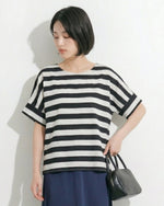 ブラック 太ボーダー ゆったり ドロップショルダーTシャツ