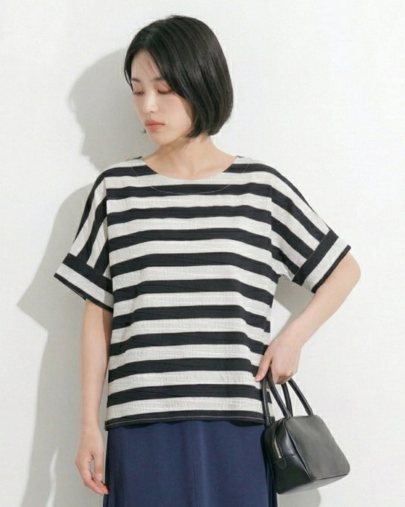 ブラック 太ボーダー ゆったり ドロップショルダーTシャツ