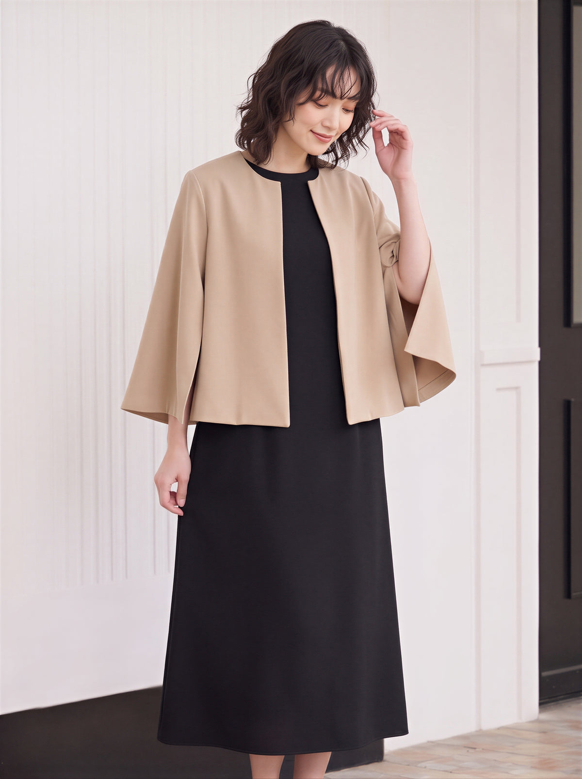 【秋新作】【全2色】S~2XL シンプルオープンフロントジャケット×ワンピース 2点セット