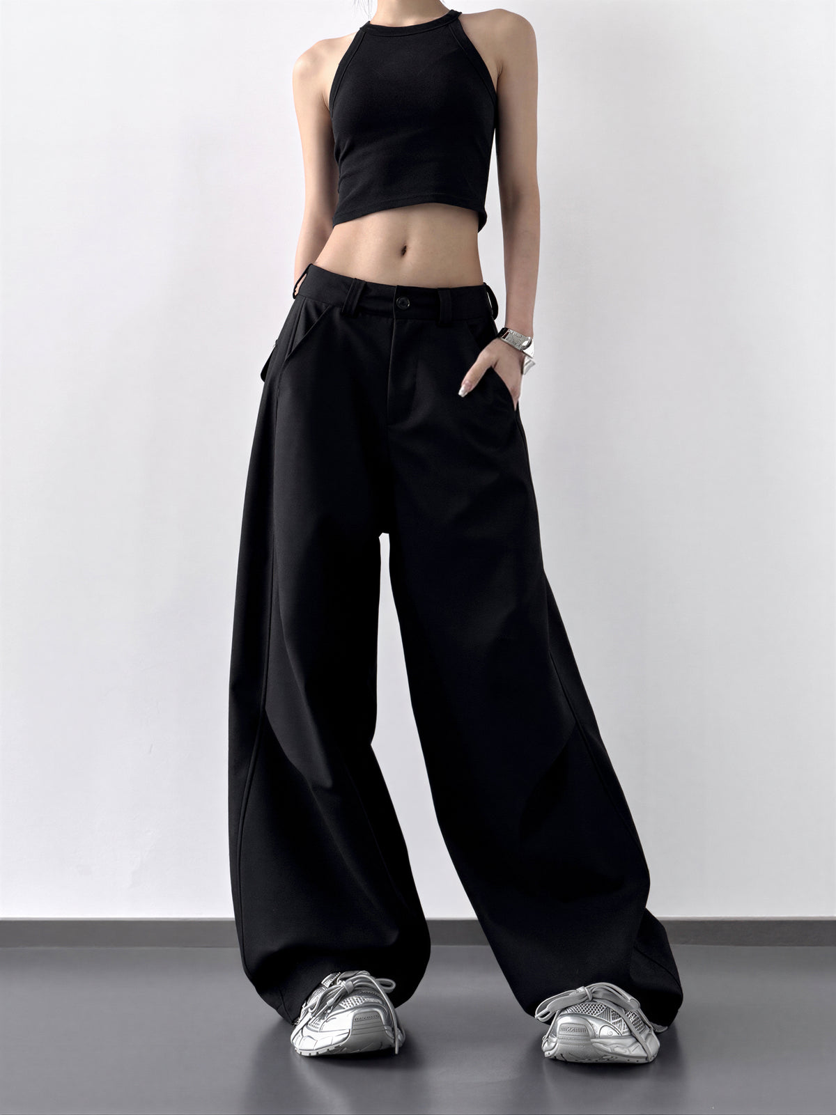 S-XL ローライズ 立体プリーツ ワイドパンツ