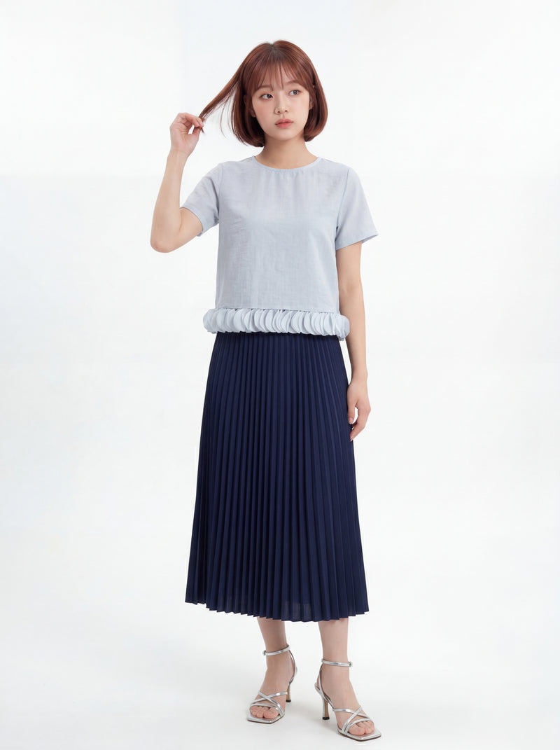 クルーネック ショート丈 ペプラム裾 背中あきリボン 半袖Tシャツ