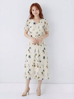 Vネック ウエストシェイプ ギャザー パフスリーブ 花柄ワンピース-ライトベージュ-XL