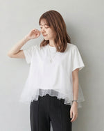 ゆったりラウンドネック チュール切り替えTシャツ-ホワイト-FREE