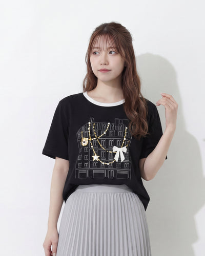 配色パイピングのクルーネック 立体柄Tシャツ-ブラック-5XL