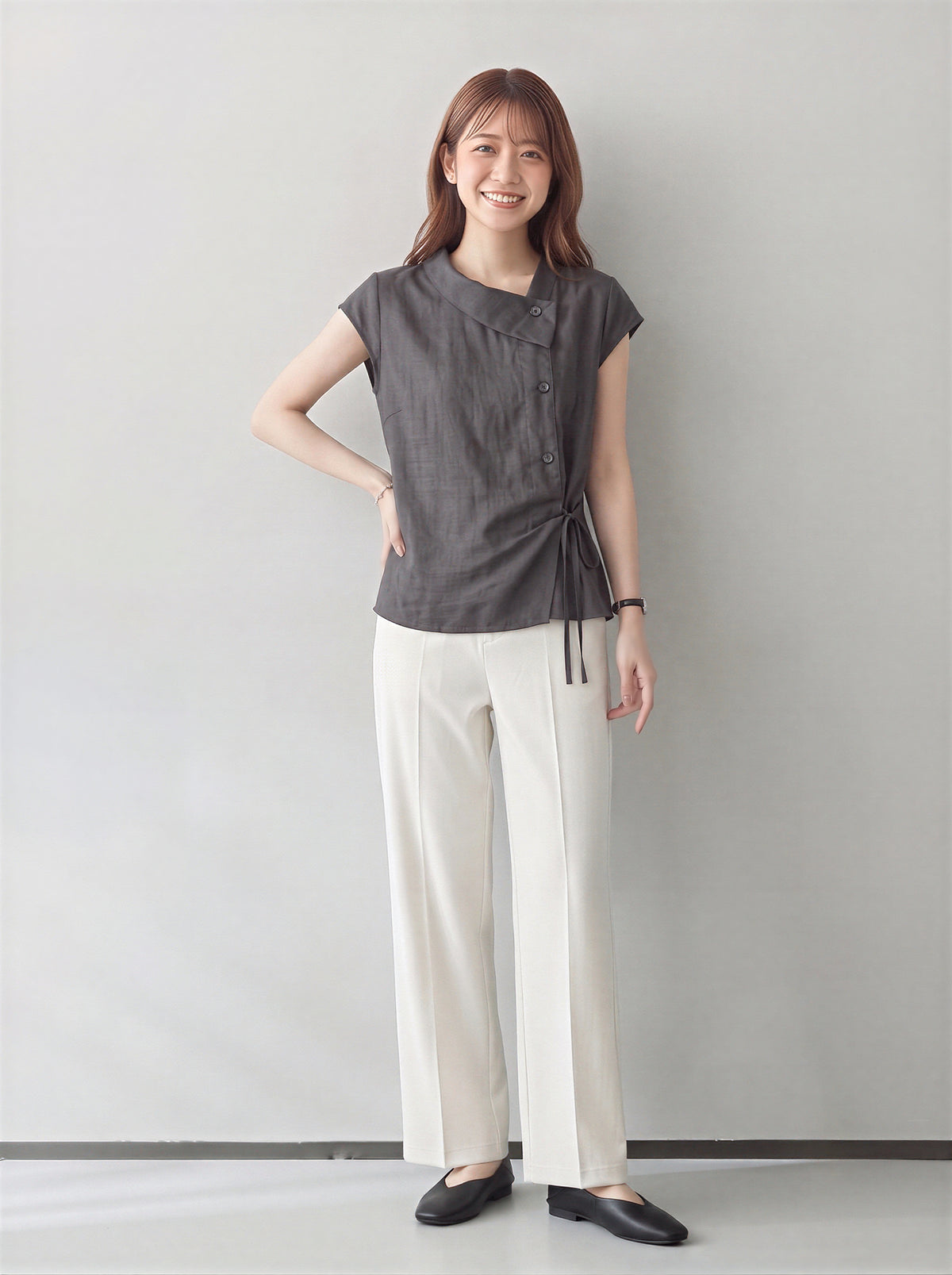 S~2XL アシンメトリーカシュクール リボン付きノースリーブトップス
