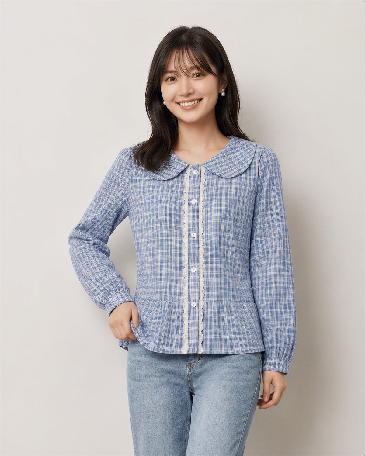 S-XL ライトブルーチェックのドールカラーウエストシェイプシャツ