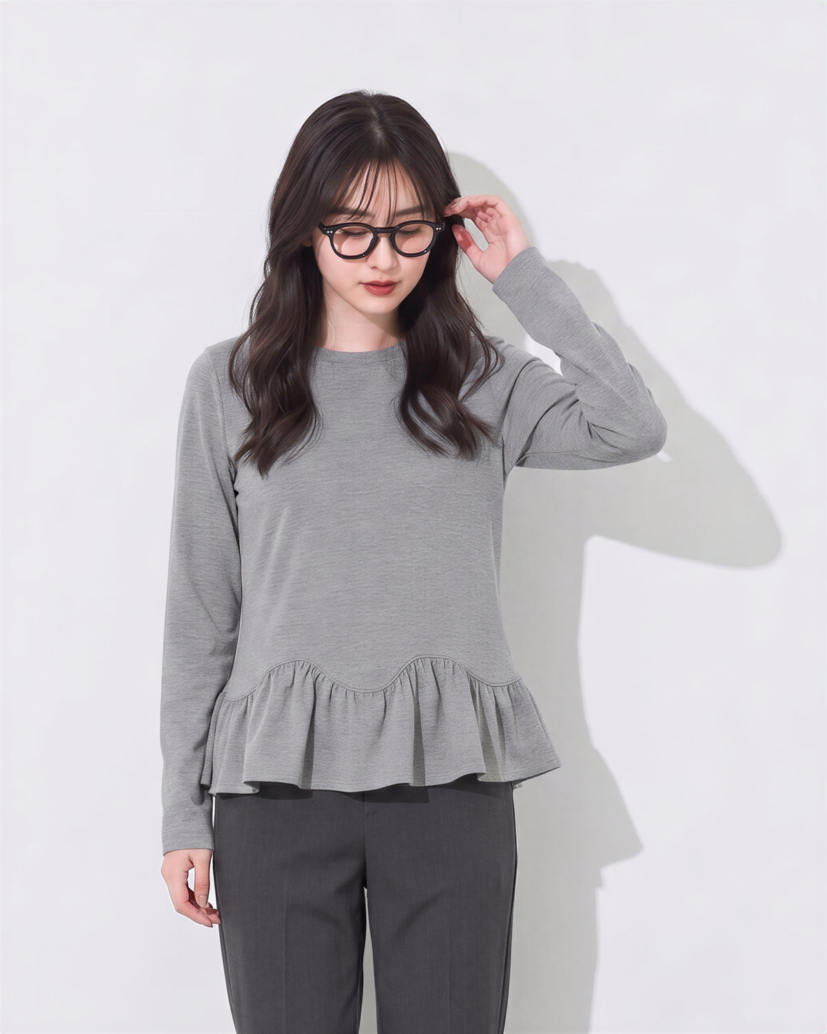 S~2XL ウエストシェイプ ペプラム裾 長袖Tシャツ