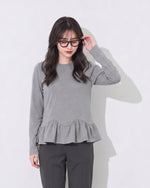S~2XL ウエストシェイプ ペプラム裾 長袖Tシャツ