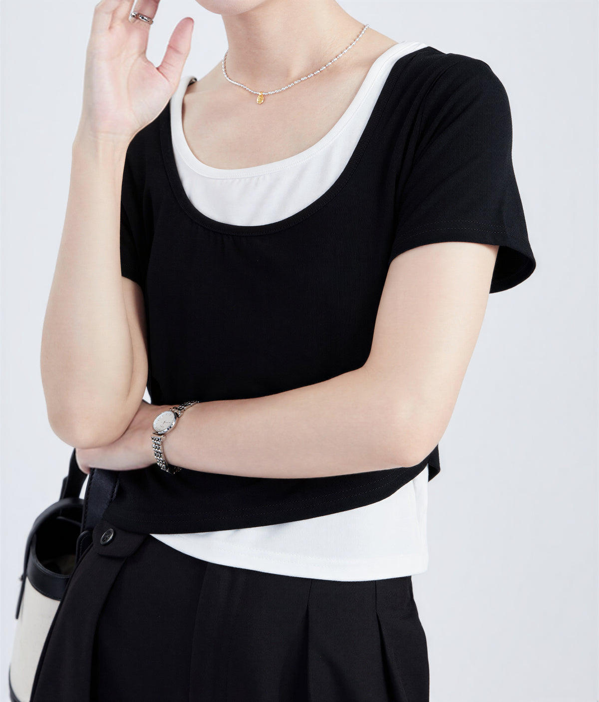 配色切り替え スリム見え フェイクレイヤード 半袖Tシャツ