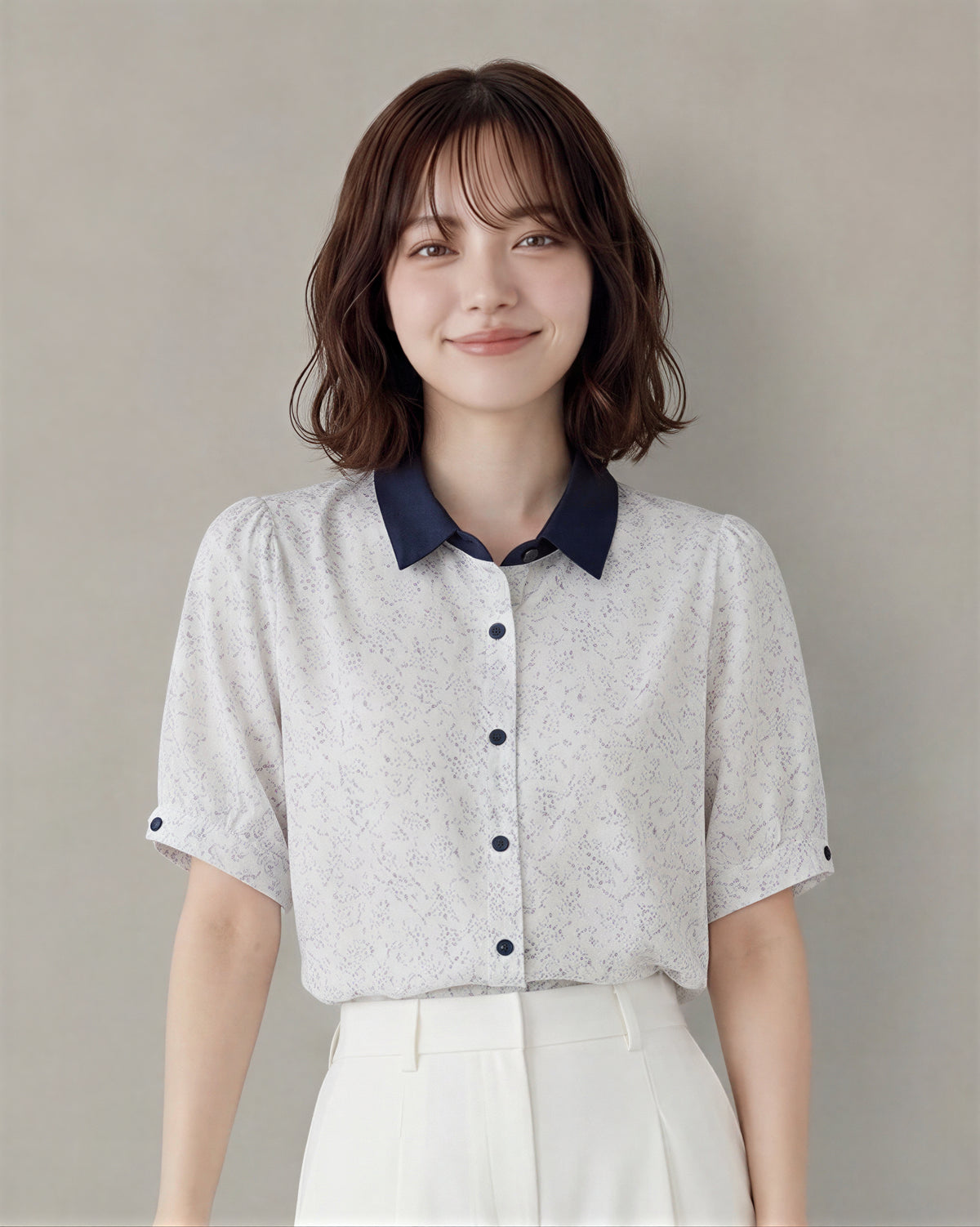 配色カラー 襟付き 小花柄 半袖シャツ