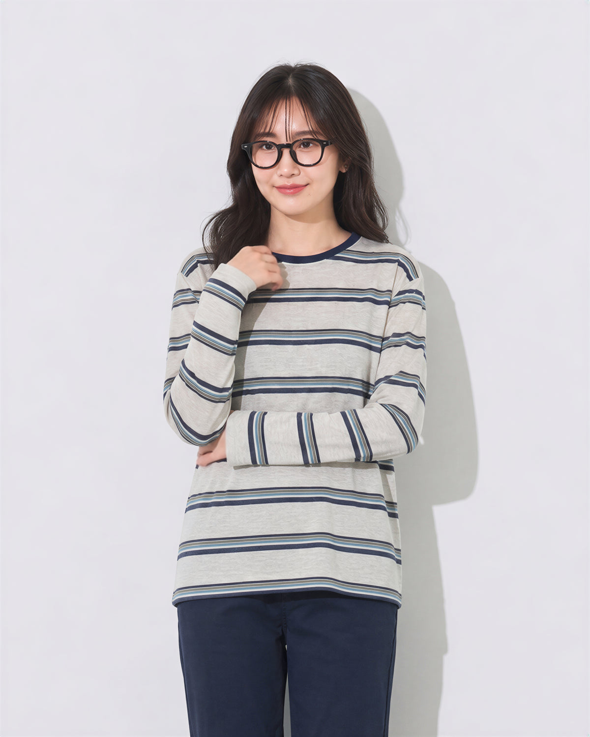 S~XL ボーダー クルーネック ゆったりTシャツ