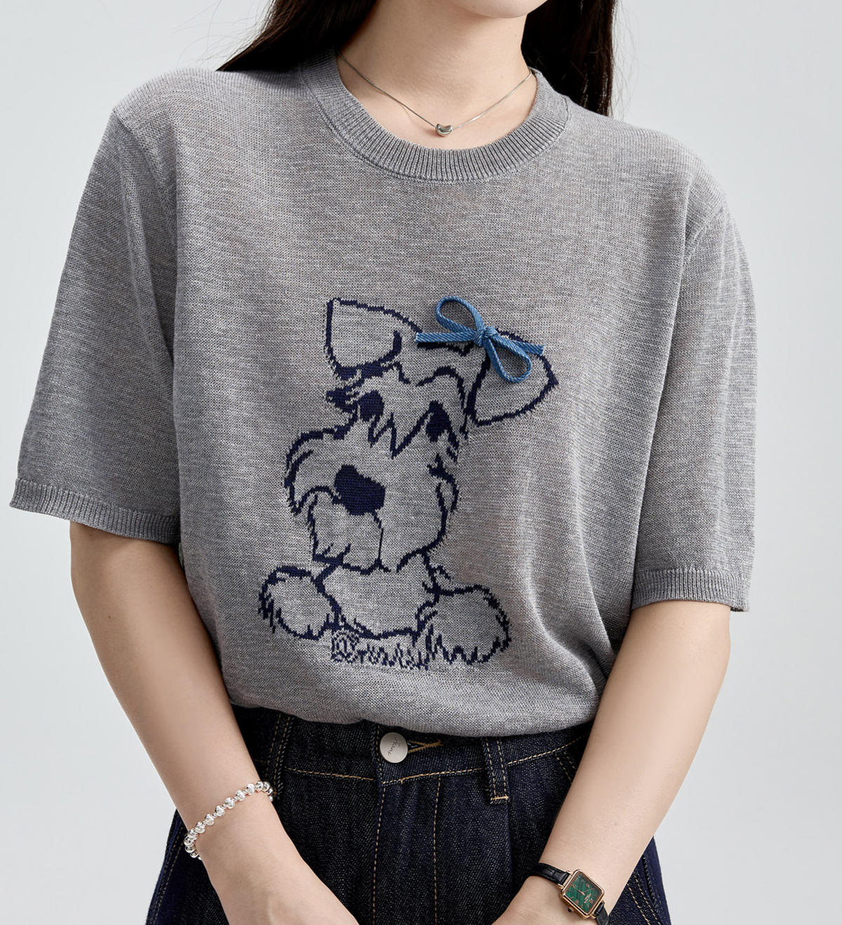 萌えおもしろ子犬刺繍！柔らか肌触りグレー半袖デザイン感ラウンドネックゆったりトップス