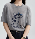 萌えおもしろ子犬刺繍！柔らか肌触りグレー半袖デザイン感ラウンドネックゆったりトップス