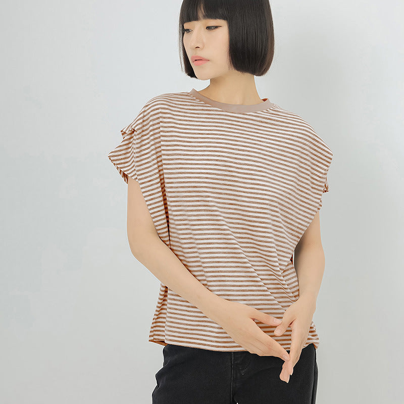 ボーダー柄 ゆったり バットスリーブ クルーネックTシャツ-ブラウン ボーダー柄-L