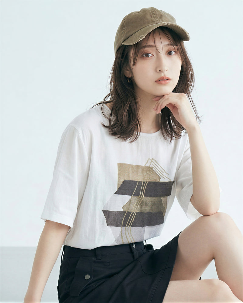 アブストラクト柄 ゆったり クルーネック プルオーバー-ホワイト-2XL