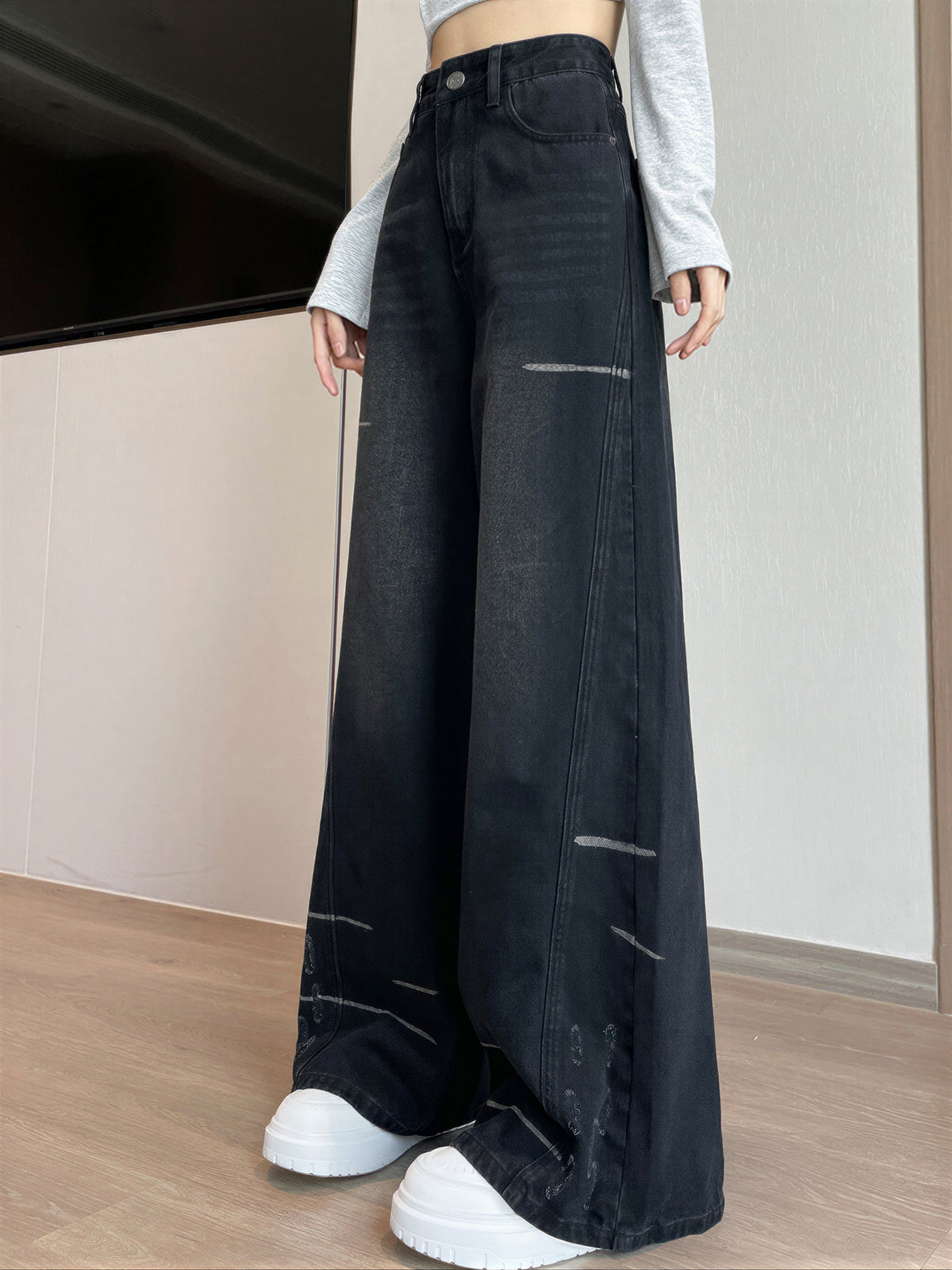 ハイウエスト ワイドレッグ フロアレングス デニムパンツ