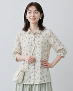 ライトベージュ 小花柄 ゆったりシャツ-ライトベージュ-2XL
