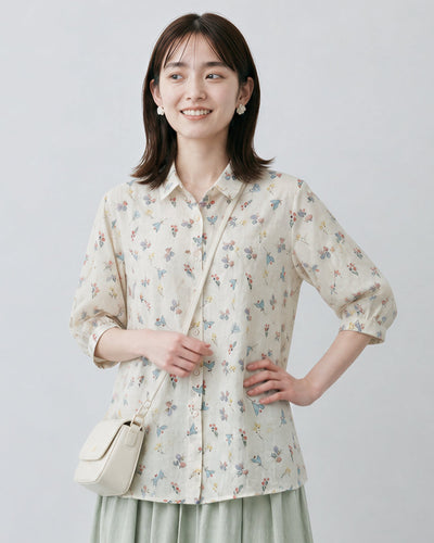 ライトベージュ 小花柄 ゆったりシャツ-ライトベージュ-2XL