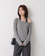 【全2色】S~XL アシンメトリーショルダー 肌見せ ボーダー フェイクレイヤードTシャツ
