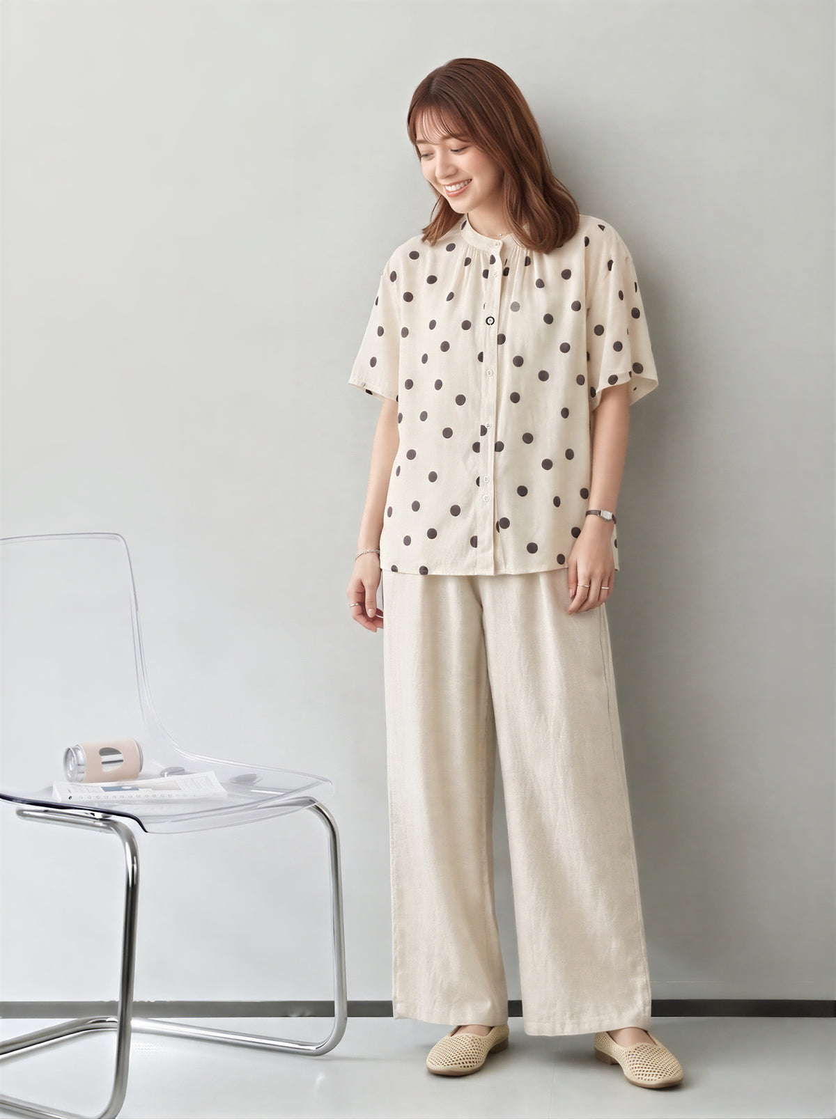M-2XL ドット柄ルーズスタンドカラーシャツ