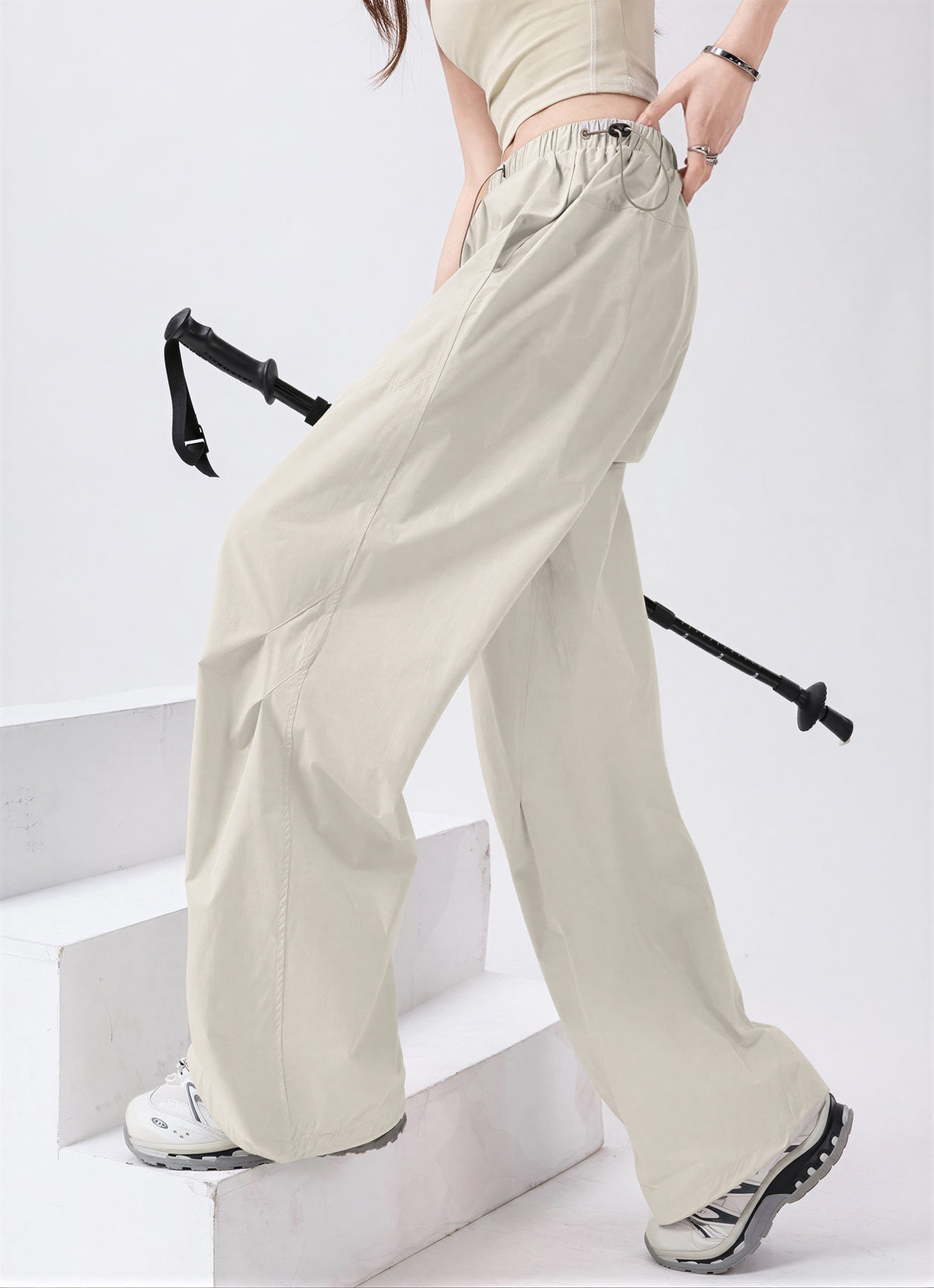 ドローストリング ハイウエスト ワイドレッグ カーゴパンツ