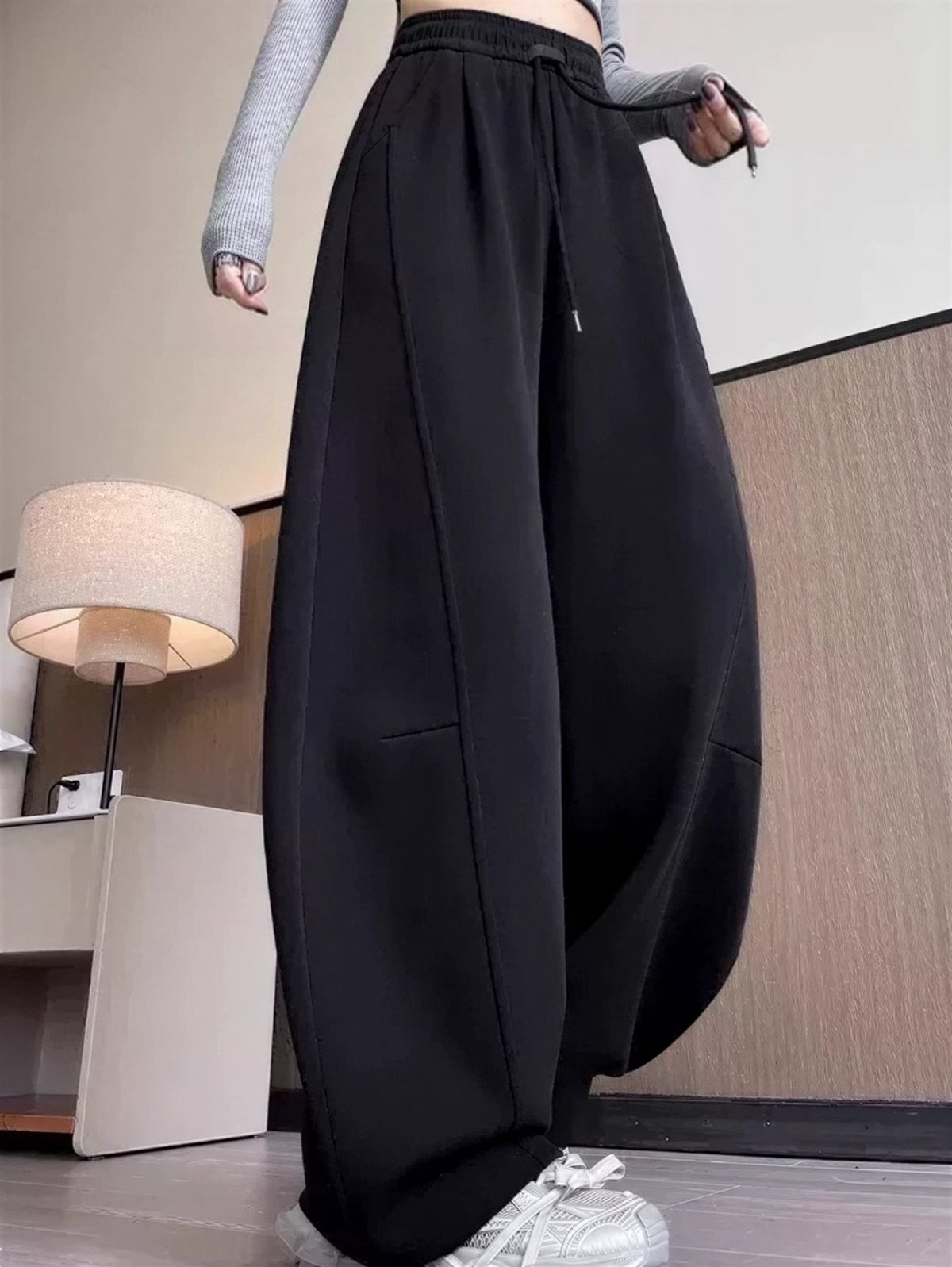 ハイウエスト ドローストリング 立体ワイドパンツ