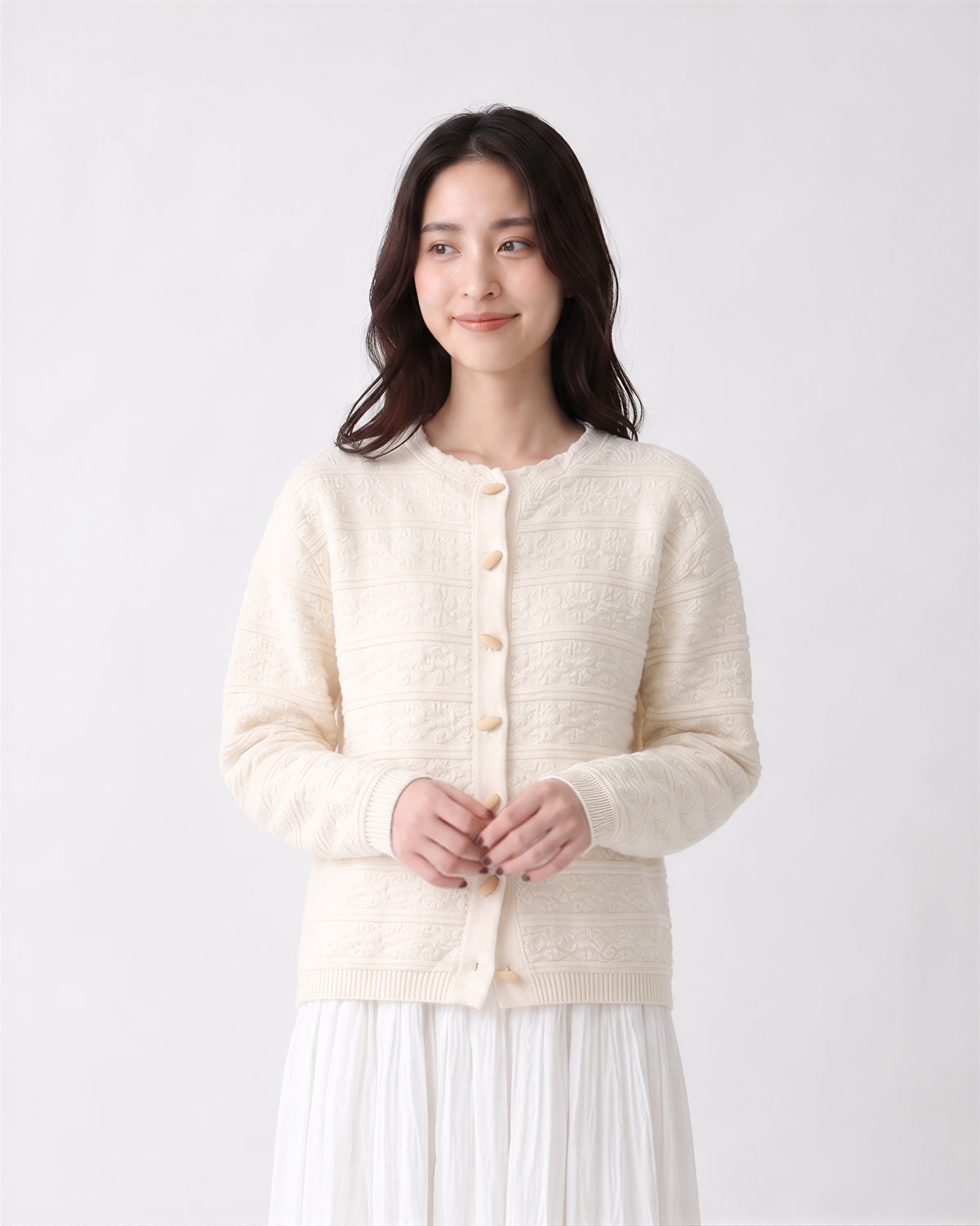 S~XL 立体感のあるテクスチャー クルーネック ショート丈ニットカーディガン