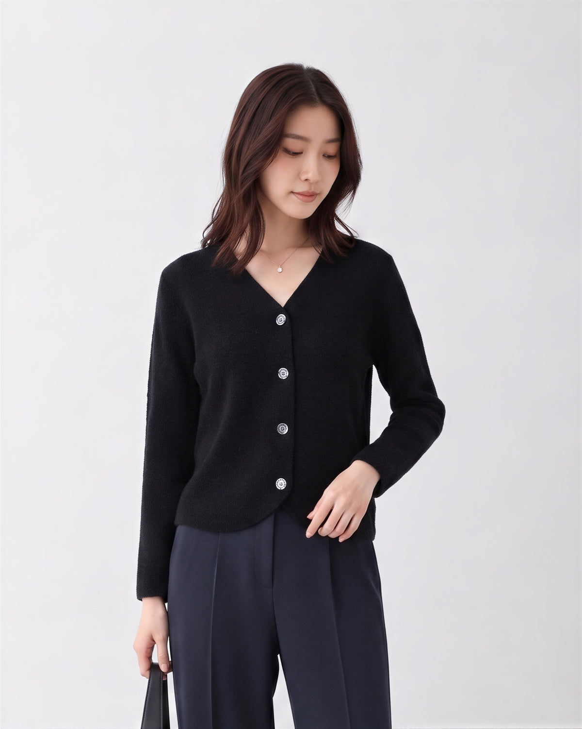 【全2色】S-2XL Vネック ラウンドヘム ゆったりニットカーディガン