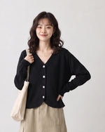 Vネック ラウンドヘム ゆったりニットカーディガン-ブラック-2XL