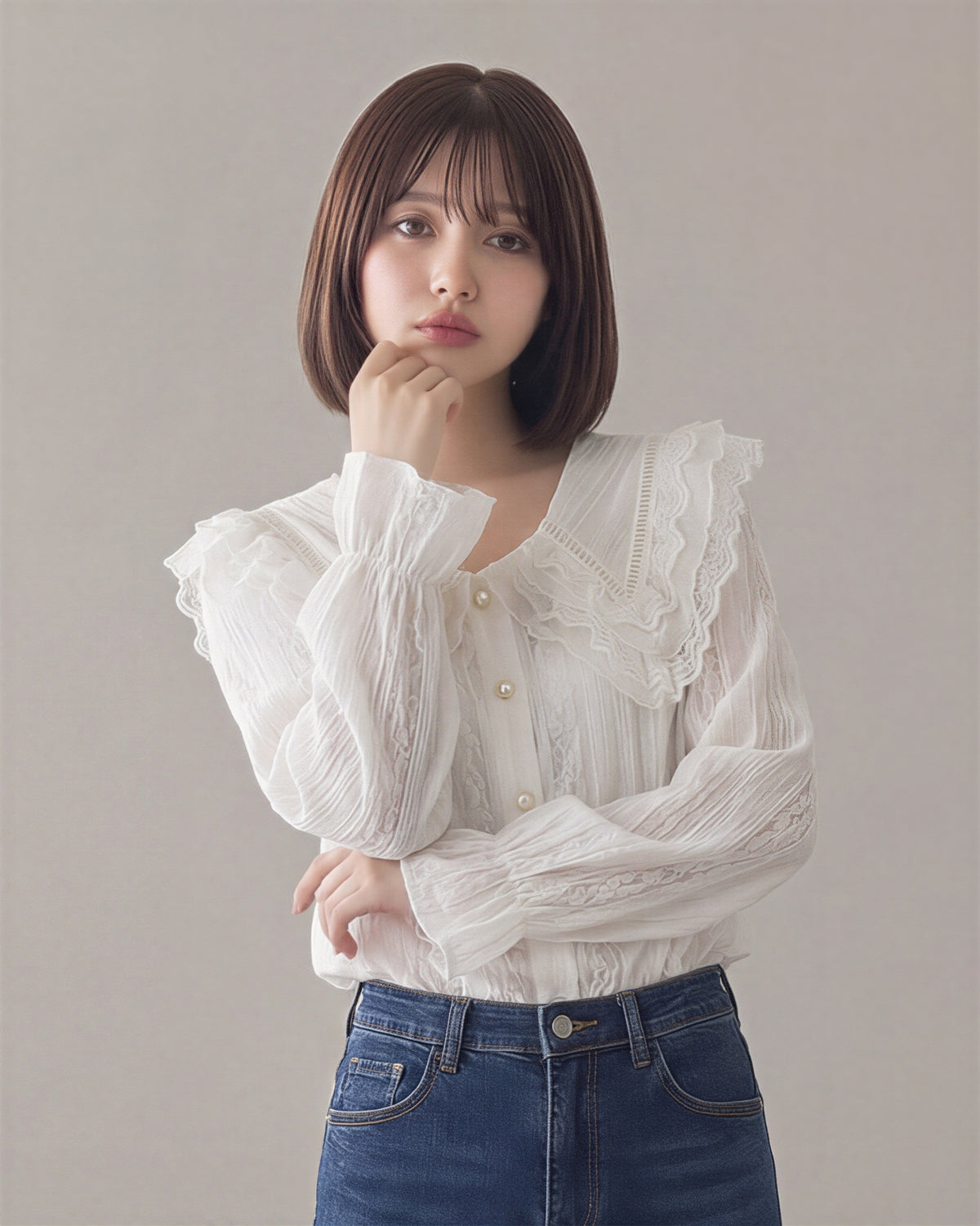 レース×フリル 大きめビッグカラー パフスリーブブラウス