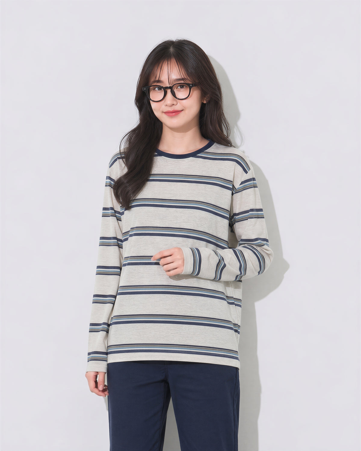S~XL ボーダー クルーネック ゆったりTシャツ