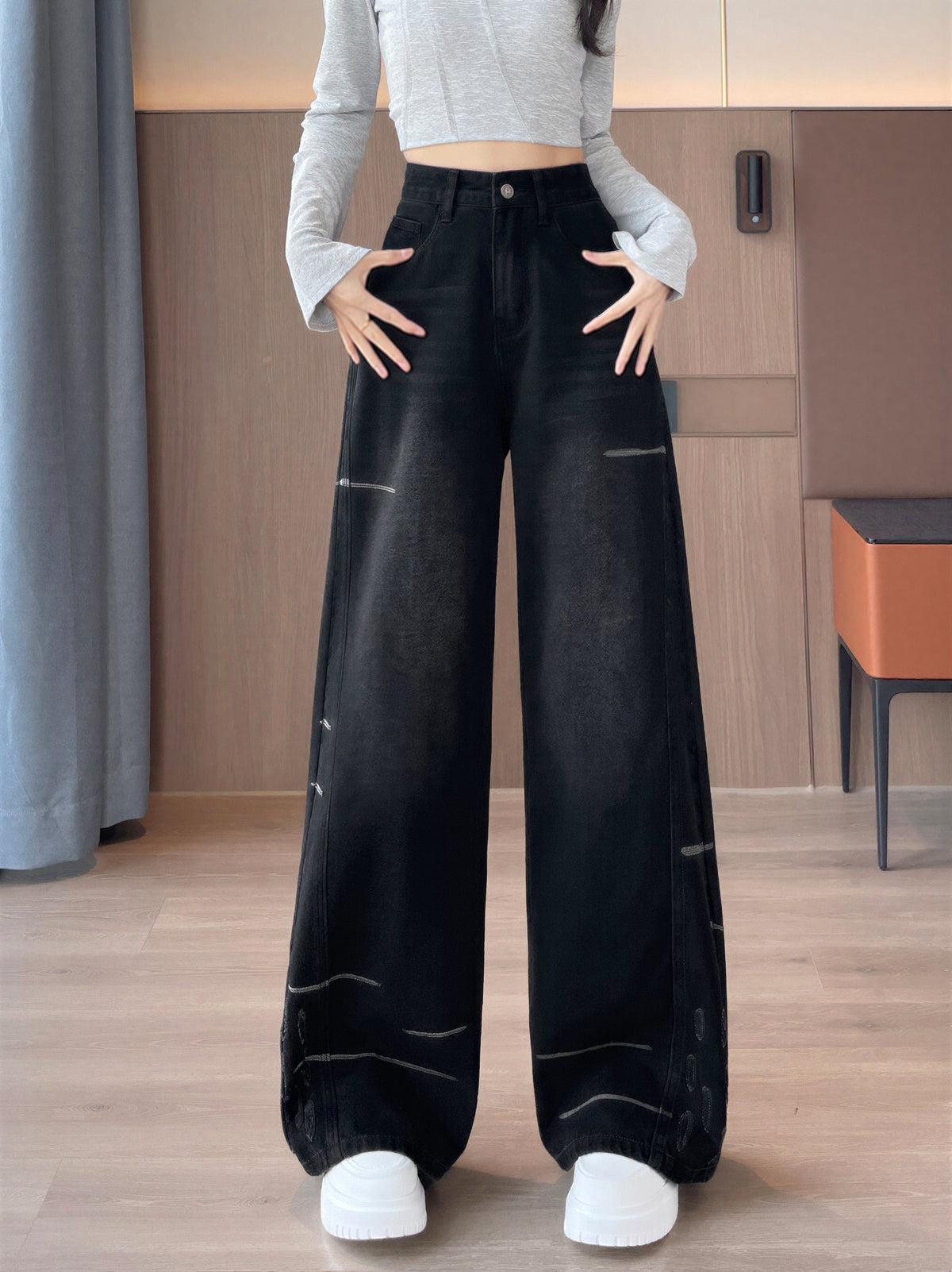 ハイウエスト ワイドレッグ フロアレングス デニムパンツ