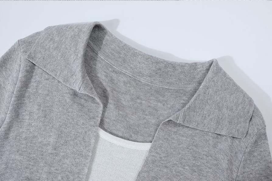 【全2色】S~XL ショールカラー 深V 切り替え ウエストシェイプ フェイクレイヤード ニット