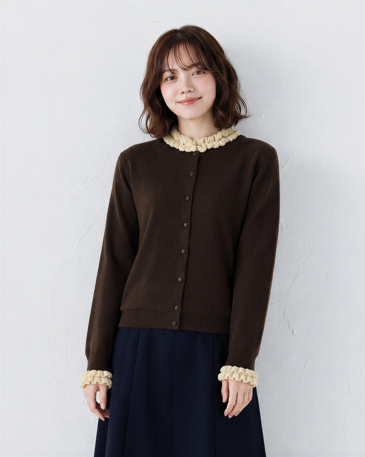 【秋新作】S~2XL フリル襟 クルーネック スリムニットカーディガン