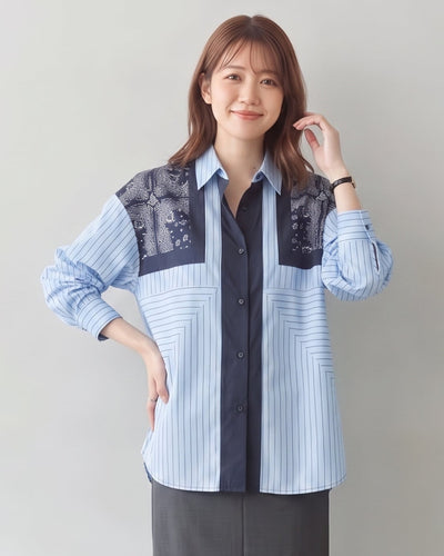 【秋新作】L~4XL 切り替えストライププリントシャツ