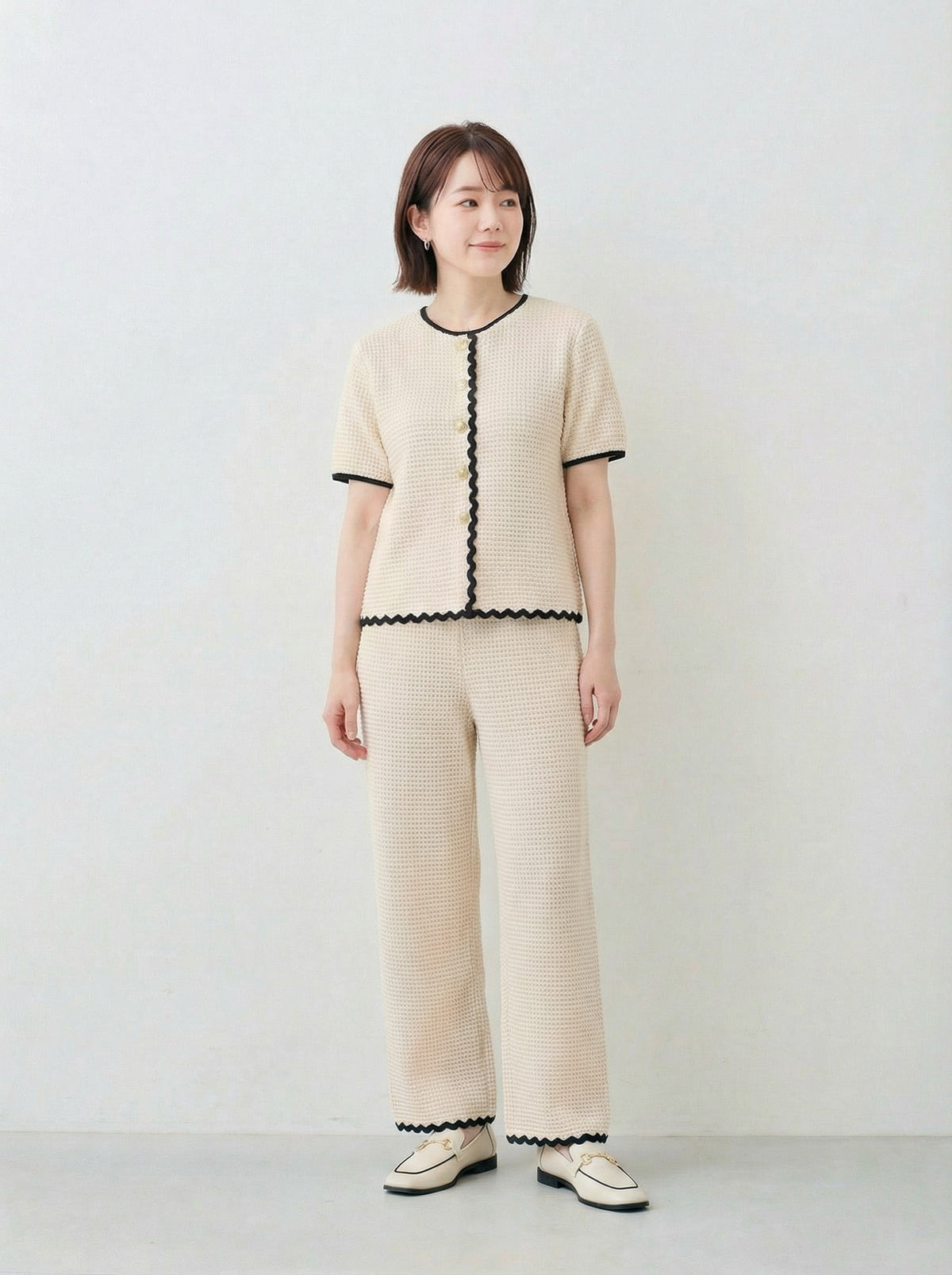 ライトベージュ 波型トリム 半袖トップス＋ワイドパンツ ロング丈 セットアップ-ピュアホワイト-XL