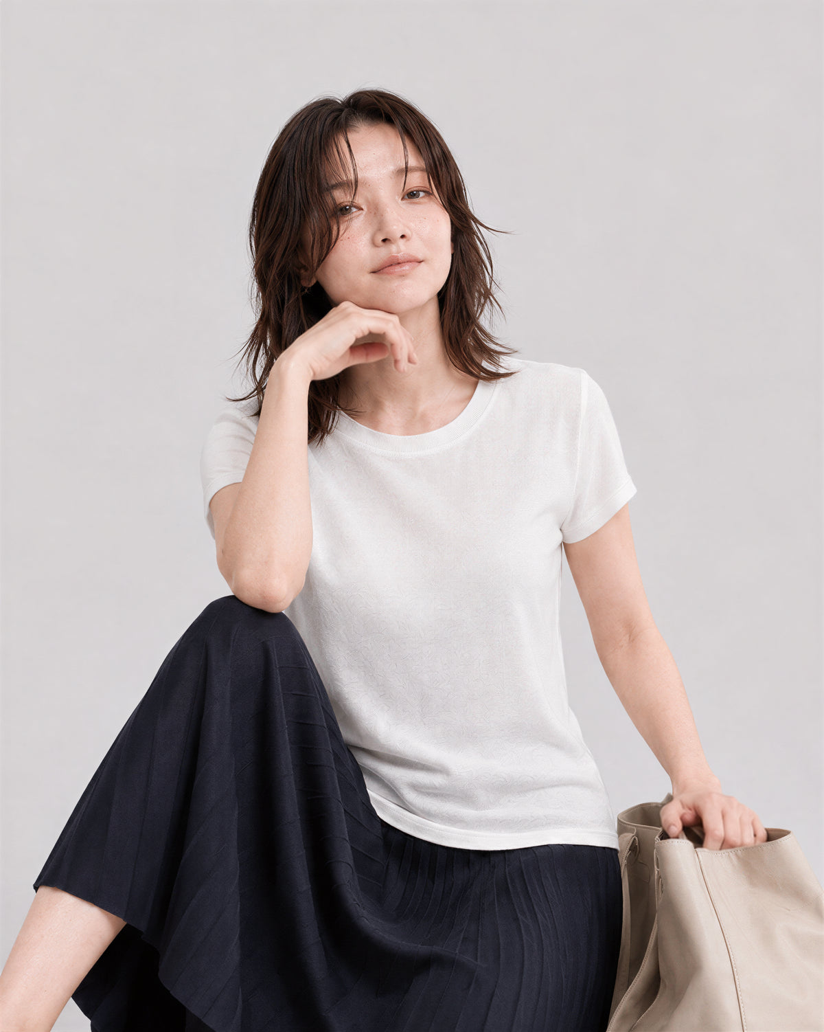 レディース テンセル クルーネック 半袖Tシャツ ベーシック 細身 カジュアル