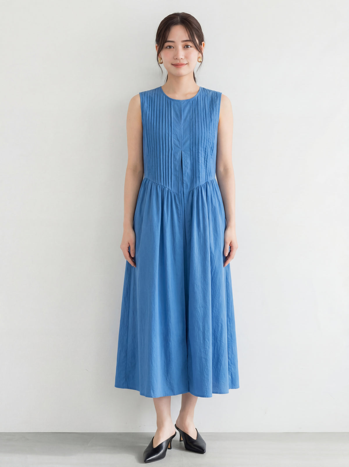 縦プリーツ Aラインフレア ノースリーブワンピース-ブルー-XL