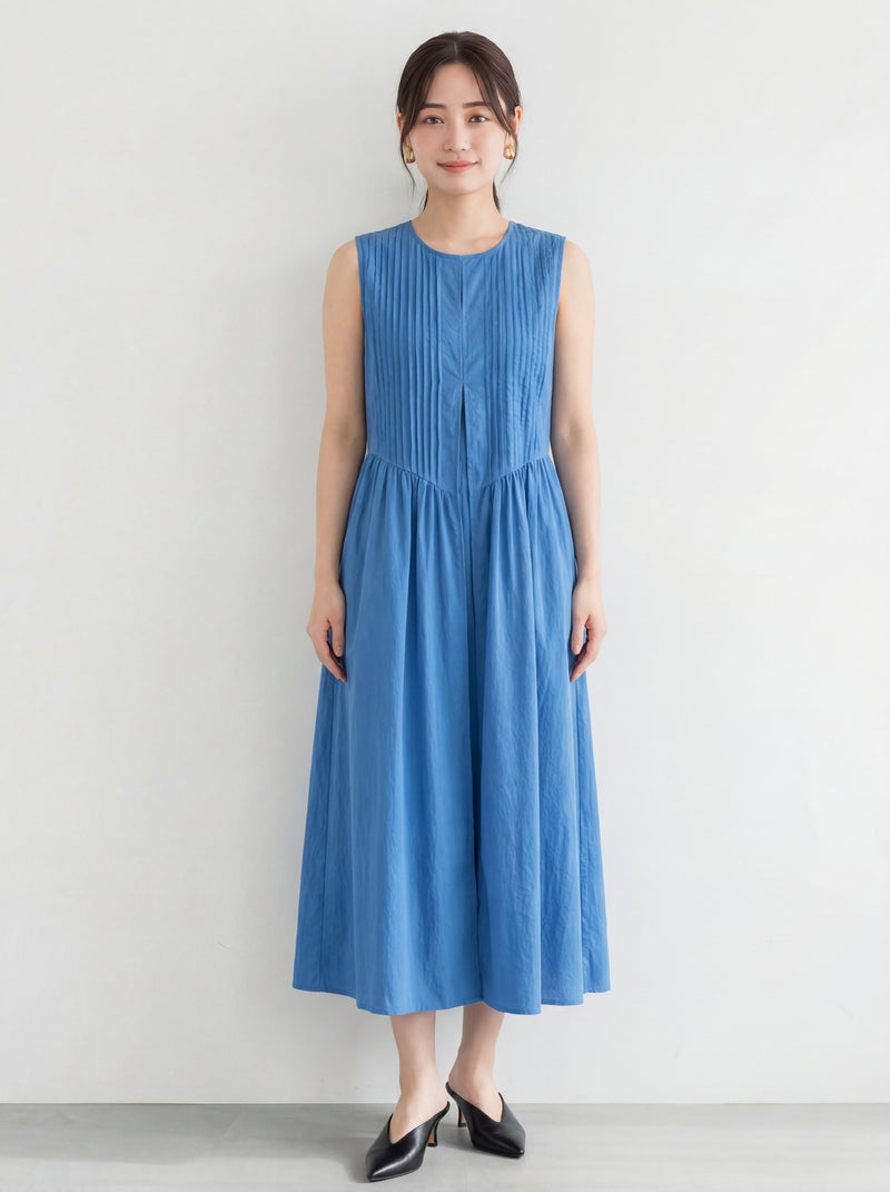 縦プリーツ Aラインフレア ノースリーブワンピース-ブルー-XL
