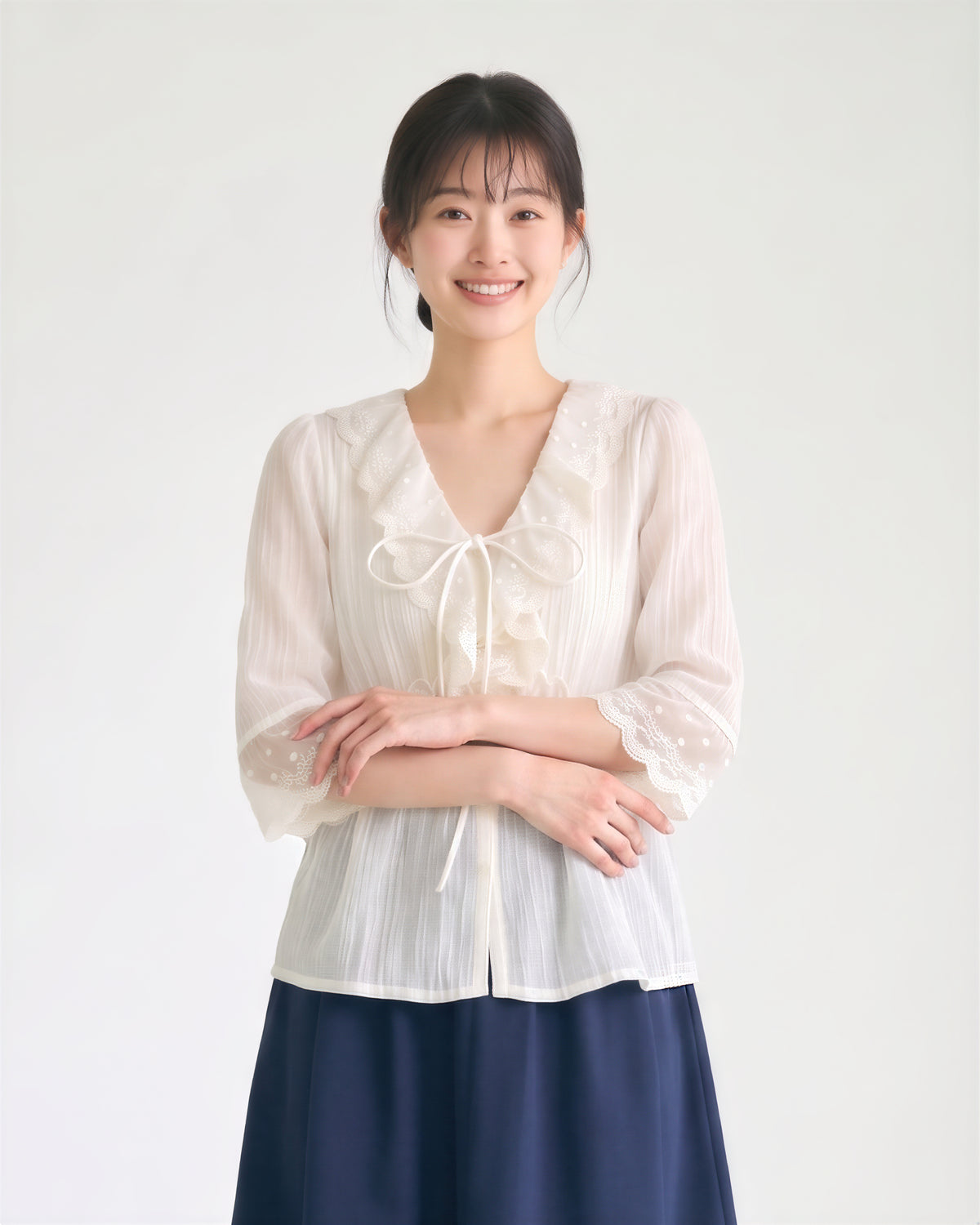 S~XL レースフリル リボンブラウス