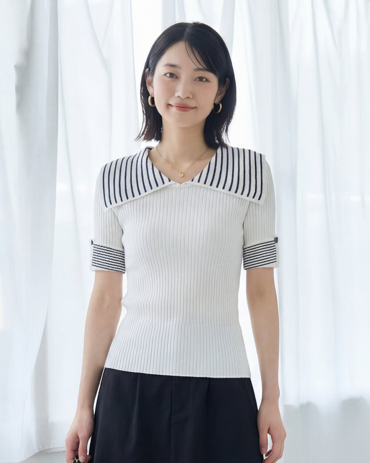 マリンボーダー 襟付き スリムフィット ニット半袖ポロ