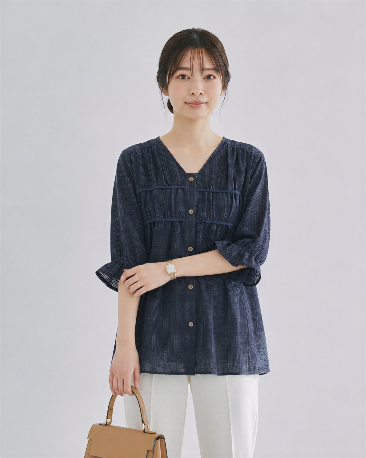 プリーツ切り替えルーズシャツ-ダークブルー-4XL