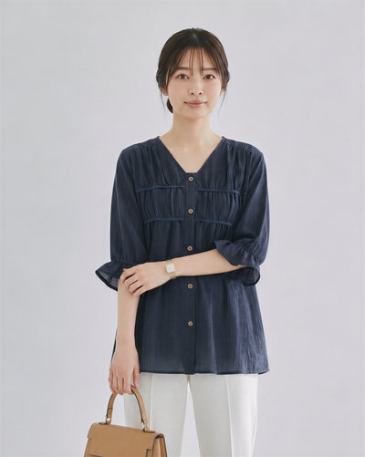 プリーツ切り替えルーズシャツ-ダークブルー-4XL