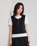 配色切り替えファスナー付きフェイクレイヤード半袖Tシャツ-ブラック-L