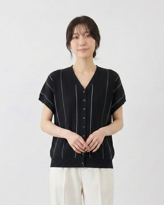 Vネック 縦ライン ゆったりカーディガン