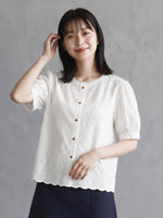 快適コットン  メロウフリル襟 パフスリーブブラウス-ホワイト-2XL
