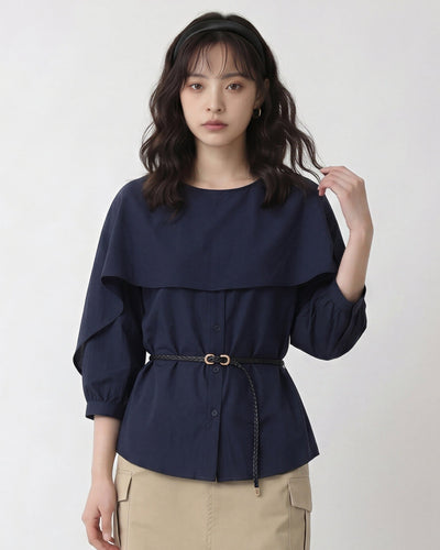 アシンメトリーケープ ウエストマークシャツ-ダークブルー-4XL