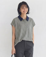 グリーン細ボーダー 襟付き 半袖Tシャツ