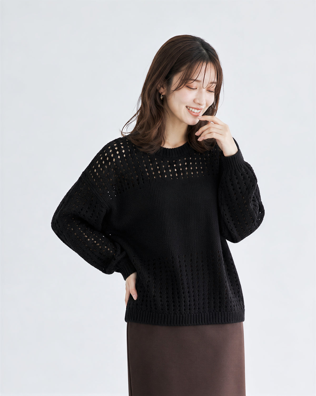 【秋新作】S~XL 透かし編み切り替えクルーネックニット